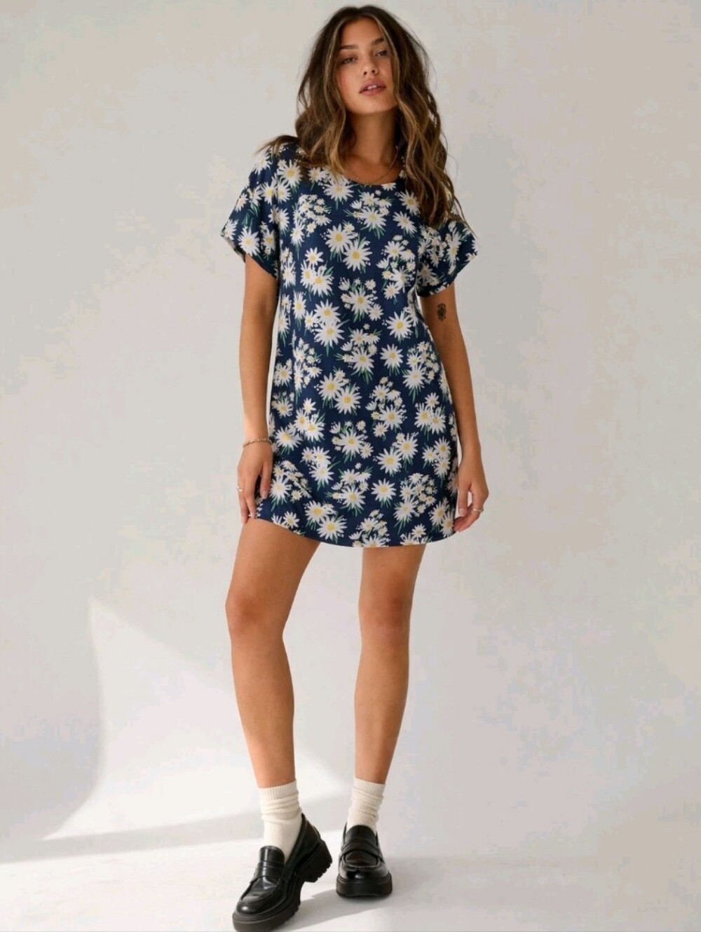 Handmade Blue Floral Shift Dress Size Small Mini Daisy Cottage Hippie Boho